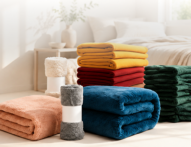 Folded Sherpa, Corduroy and faux fur blankets stacked together