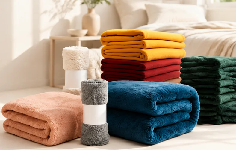 Stacked colourful blankets prepared for export
