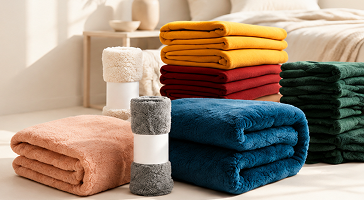 Stacked colourful blankets prepared for export