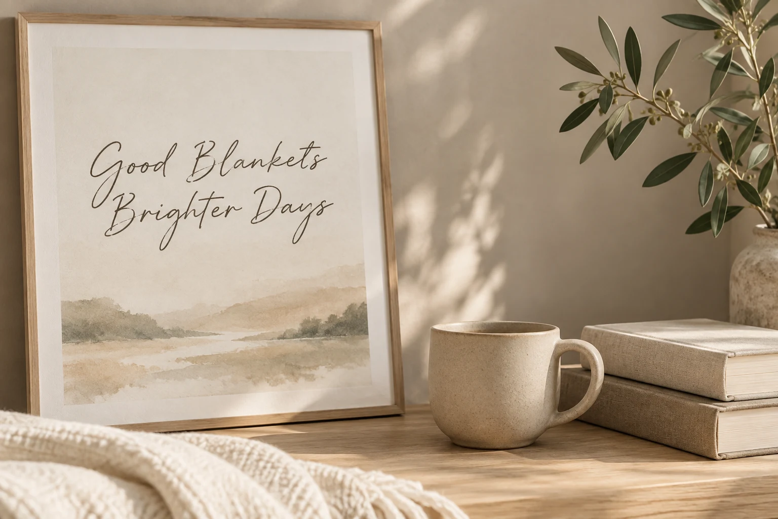 ภาพประกอบ Good Blankets Brighter Days พร้อมถ้วยกาแฟและหนังสือ