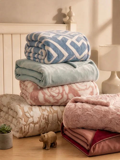 A rolled 1001 blanket above a bed dressed with a cream sherpa blanket