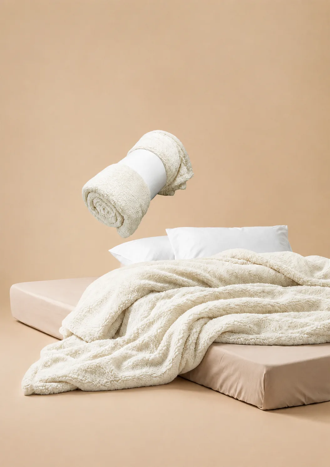 A rolled 1001 blanket above a bed dressed with a cream sherpa blanket