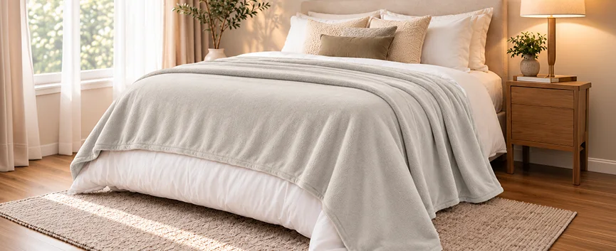 Fleece Blanket styled in a bedroom setting