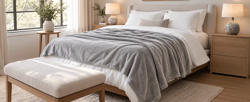 Rabbit Faux Fur Blanket styled in a bedroom setting