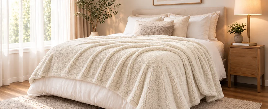 Sherpa Blanket styled in a bedroom setting