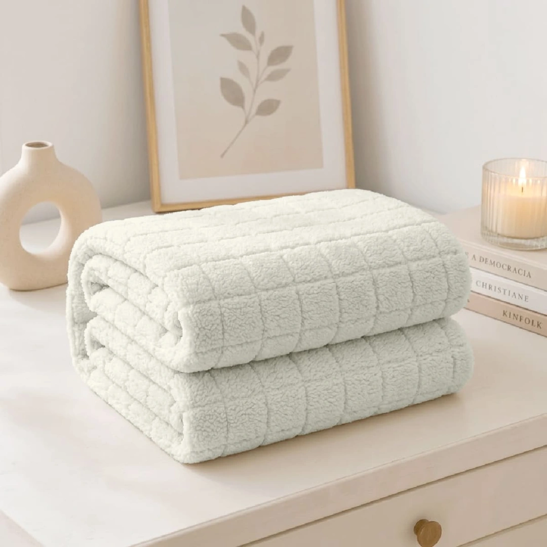 Jacquard Sherpa Blanket – Grid Design – image 4
