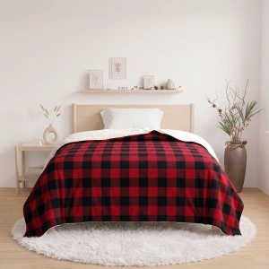 Reversible Fleece and Plush Blanket – Buffalo Check Design, Crimson Red