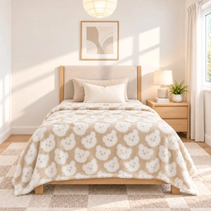 Jacquard Blanket – Teddy Bear Design, Almond Beige
