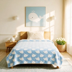 Jacquard Blanket – Whale Design, Bluebell Blue